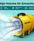 Heavy Duty 12 Inch Cylinder Fan Workhorse With 3200 CFM Airflow And 25 Foot PVC Ducting for Industrial Exhaust in Warehouses.