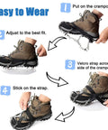 Step-by-step guide to wearing Ice Cleats For Boots Anti Slip Crampons With 19 Stainless Steel Spikes Traction Grips.