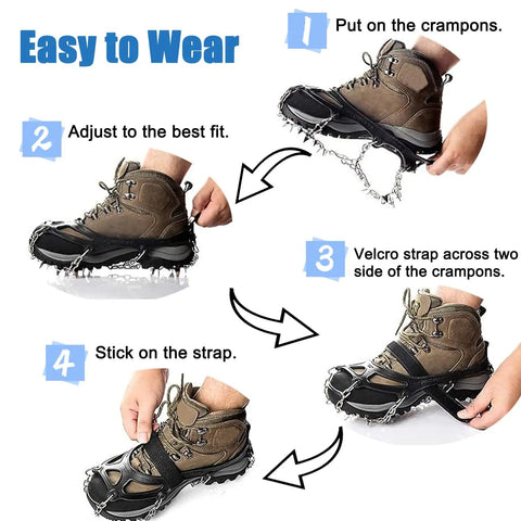 Step-by-step guide to wearing Ice Cleats For Boots Anti Slip Crampons With 19 Stainless Steel Spikes Traction Grips.