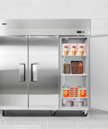 Built Different For Heavy Duty Operations This 52 Cubic Foot Upright Freezer features three stainless doors with food storage inside.