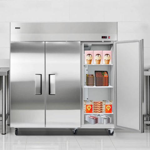 Built Different For Heavy Duty Operations This 52 Cubic Foot Upright Freezer features three stainless doors with food storage inside.