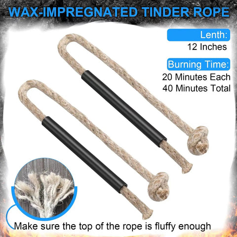Waxed tinder cords from 5 Inch Flint And Steel Fire Starter Kit with paracord for camping and hiking, outdoor survival and emergency prep.