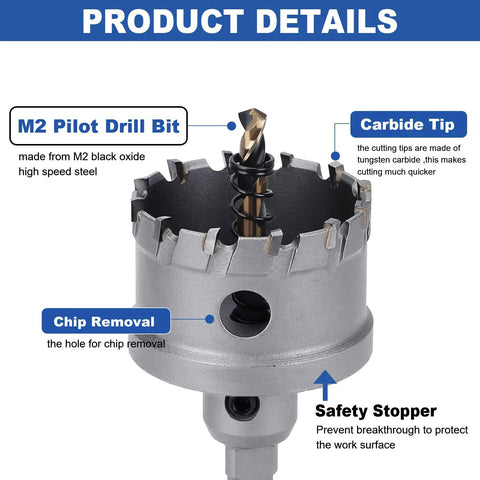 Knockout 1 3/4 Inch Hole Saw Kit Featuring Heavy Duty Tungsten Carbide Tipped Cutter and Sharp M2 Pilot Bit for Straight Up Smooth Drilling Results, showing details of the carbide tip and M2 pilot bit.