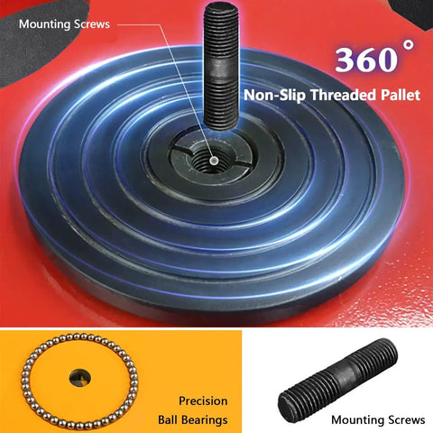 Heavy Duty Industrial Mover Dolly Featuring 360 Swivel Casters And Grippy Non Slip Pads To Easily Roll Those Beefy Machines Across Cramped Workshop Floors Without Breaking A Sweat showing a close-up of a 360° non-slip threaded pallet with mounting screws.