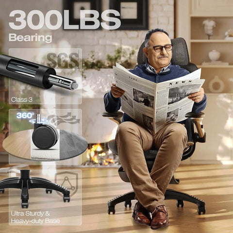 Man sitting on X100 Ergonomic Mesh Office Chair With Footrest For All Day Comfort In Home Office And Gaming Game Ready, reading newspaper