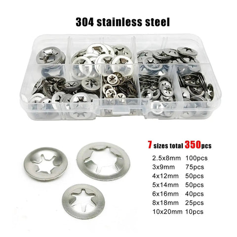 Box of 700 Piece Lock Washer And Snap Ring Kit M2.5 To M10 Stainless Steel 304 External Circlips Self Lock Retaining Clips