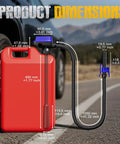 Cordless Electric Fuel Transfer Pump Battery Powered Gas Can Dispenser Featuring Auto Stop Overflow Guard And Dry Run Alert dimensions with hose and gas can.