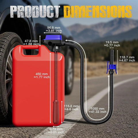 Cordless Electric Fuel Transfer Pump Battery Powered Gas Can Dispenser Featuring Auto Stop Overflow Guard And Dry Run Alert dimensions with hose and gas can.