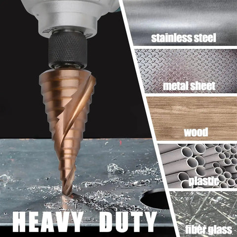 Super Sharp Hss M35 Cobalt Step Drill Bits Set For Stainless Steel And Metal, High Speed Spiral Flute Design With Hex Shank, Perfect For Heavy Duty DIY Projects And Precision Hole Cutting Tasks Like A Boss. Heavy-duty step bit drilling stainless steel, metal, wood, plastic, and fiberglass