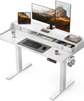 Electric Standing Desk With Drawers, 48 By 24 Inch Gaming Desk With Monitor Stand, Height Adjustable, with dual monitors and accessories