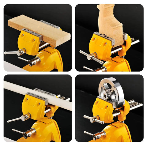 Badass Heavy Duty Cast Steel Bench Vise With Full 360 Swivel Ball Joint And Quick Grip Clamp Mount For Workbenches displaying wood and metal materials.