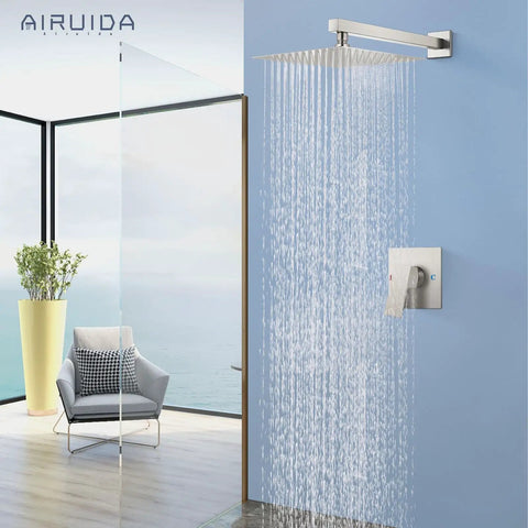 Shower Faucet Set For Bathroom Rain System With 10 Inch Brushed Nickel Wall Mount Shower Head SUS304 Stainless Steel Single Handle Valve Rough In Kit Male Thread Trim No Fuss Install