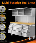 72 Inch Rolling Tool Chest Cabinet With 15 Drawers On Wheels Mobile Workbench Stainless Steel Pegboard Four Power Outlets And Two USB Ports Heavy Duty Garage Organizer For Shop Warehouse And Workshop Needs