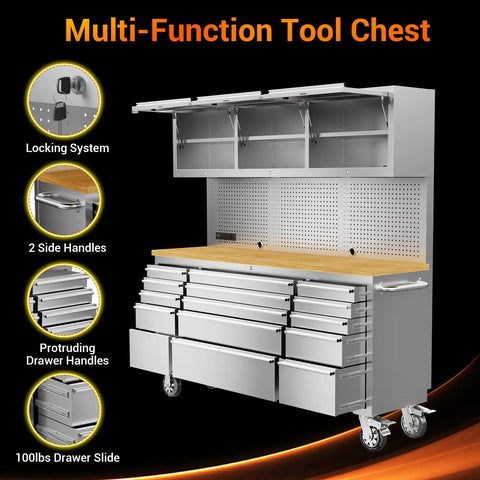 72 Inch Rolling Tool Chest Cabinet With 15 Drawers On Wheels Mobile Workbench Stainless Steel Pegboard Four Power Outlets And Two USB Ports Heavy Duty Garage Organizer For Shop Warehouse And Workshop Needs
