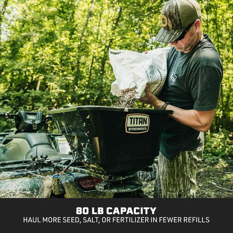 Man loading 12 Volt ATV UTV Broadcast Spreader with Rain Cover 80 LB Capacity Front Or Back Mount for ATVs UTVs Utility Tractors