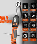 Digital Torque Wrench Three Eighths Inch Drive With Range From Four Point Nine To Ninety Nine Point Six Foot Pounds And Six Point Six To One Hundred Thirty Five Newton Meters Two Percent Accuracy Built For Pros And DIYers, shown with an LCD display and orange grip.