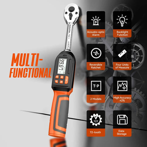 Digital Torque Wrench Three Eighths Inch Drive With Range From Four Point Nine To Ninety Nine Point Six Foot Pounds And Six Point Six To One Hundred Thirty Five Newton Meters Two Percent Accuracy Built For Pros And DIYers, shown with an LCD display and orange grip.
