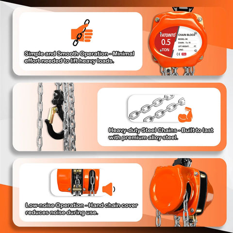 YATOINTO 0.5-ton orange manual chain hoist with steel chain and hook