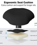 Active Sitting Wobble Stool for Standing Desk, Anti Fatigue Stool with 360 Degree Rocking Non Slip Curved Base, Height Adjustable 22 to 32 Inches, Ergonomic Sit Stand Stool for Home and Office, Walnut Finish. Ergonomic seat cushion details.