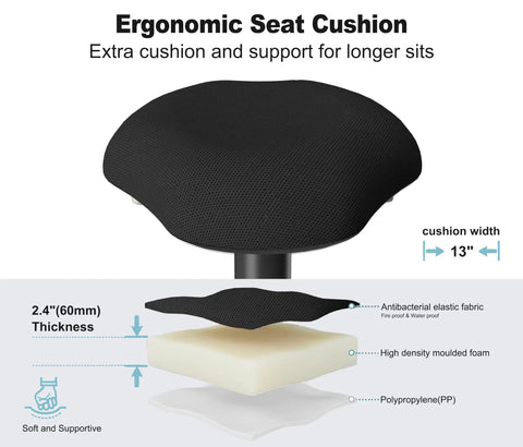 Active Sitting Wobble Stool for Standing Desk, Anti Fatigue Stool with 360 Degree Rocking Non Slip Curved Base, Height Adjustable 22 to 32 Inches, Ergonomic Sit Stand Stool for Home and Office, Walnut Finish. Ergonomic seat cushion details.