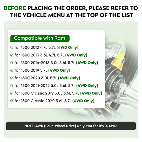 Compatibility chart for Straight Fire Fresh Front CV Axle Shaft Assembly Pair For Ram 1500 Four Wheel Drive Only 2012-2022.