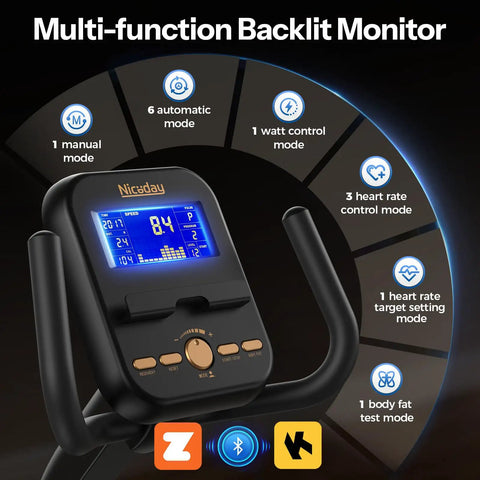 LCD monitor of Recumbent Exercise Bike For Home Gym With Magnetic Resistance, 32 Levels, showing various modes and settings.