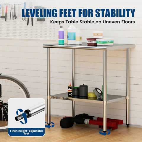 Heavy Duty Stainless Steel Work Table 24 By 36 Inch With Adjustable Undershelf Chef Grade Prep Table For Commercial Kitchen Restaurant Garage Or Outdoor Use Rust Resistant And Easy To Clean Ample Workspace with leveling feet.