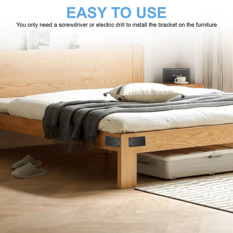 Heavy Duty Black Flat Metal Brackets For Wood Repair Set With Included Screws attached to bed frame for easier installation.