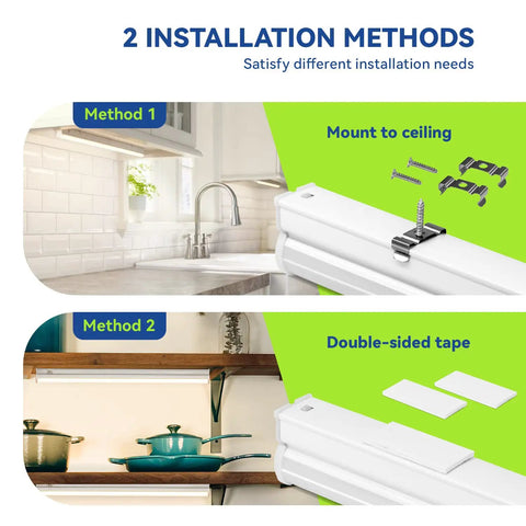 Linkable LED T5 Under Cabinet And Closet Light Bar 2Ft 9W 800 Lumens 4000K with ceiling mount and double-sided tape methods