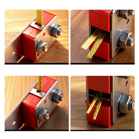 Pallet Strapping Tool With Thickened Ergonomic Handle And Easy Grip Belt Opener detailed view on edge cutting mechanism