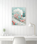 Winter Train Canvas Wall Art In Aqua Red Steam Locomotive Festive Holiday Poster Prints For Living Room And Bedroom Unframed 16x20