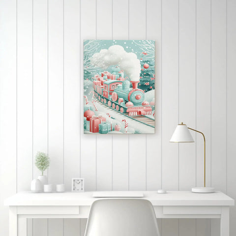 Winter Train Canvas Wall Art In Aqua Red Steam Locomotive Festive Holiday Poster Prints For Living Room And Bedroom Unframed 16x20