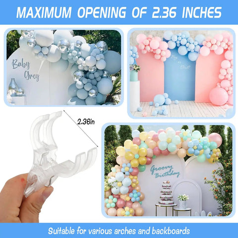 Clear Balloon Arch Clips Pack Of 20 Large Spring Clamps For Balloon Backdrops And Party Decor in hand and colorful arches
