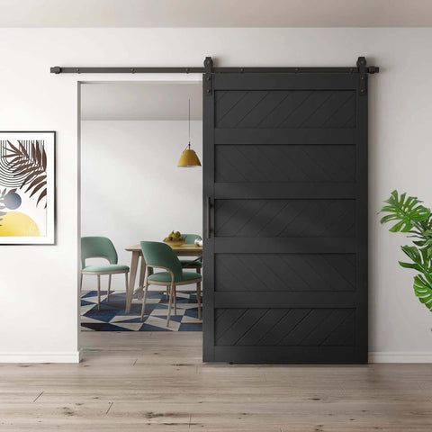 Modern interior with 48 By 84 Inch Sliding Barn Door Kit With Wave Shape Panel And Hardware Included Solid Wood Black Finish
