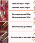 Diagram of plastic welding staples, 0.6mm and 0.8mm, in various shapes for car bumper repair. Plastic Welding Staples 3000 Pcs
