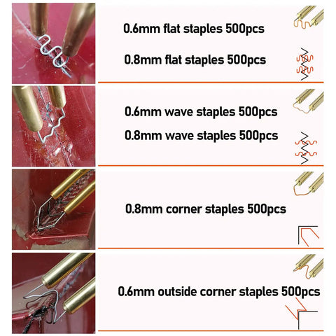 Diagram of plastic welding staples, 0.6mm and 0.8mm, in various shapes for car bumper repair. Plastic Welding Staples 3000 Pcs