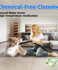 Girl using Opbodqo High Temp 257F Handheld Steam Cleaner on a teddy bear for chemical-free cleaning.