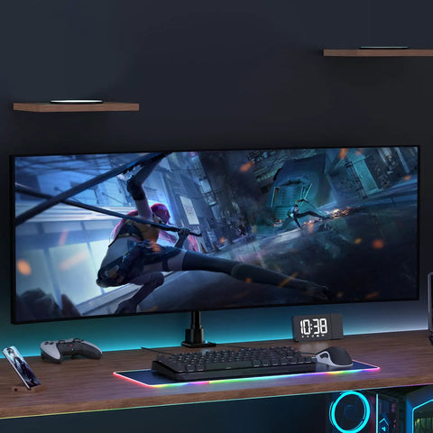 Heavy Duty Aluminum Ultrawide Monitor Desk Mount And Adjustable Monitor Arm For Wide Screens Up To 57 Inches showcasing a vibrant gaming setup.