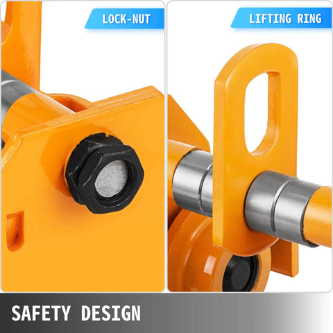 Close-up of lock-nut and lifting ring on 3 Ton Beefy Heavy Duty Manual Trolley Crane Lift For I Beam Push Track Roller Trolley.