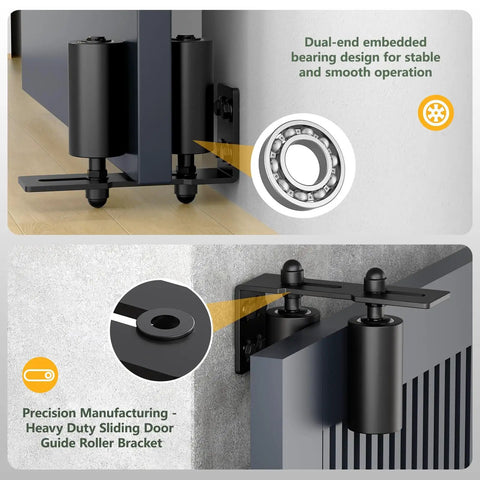 Heavy Duty Sliding Gate Roller Hardware Kit With Steel Wall Mount Bracket And Nylon Roller Guides Built Tough For Garage Doors And Wood Gates Adjustable Micro Adjustment Black 2 Pack 4 Inch, close-up of installed kit on gate.