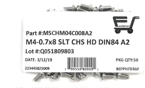 Top Shelf M4 X 8mm Stainless Steel Slotted Cheese Head Machine Screws Din 84 A2 70 Metric Fasteners With Resealable Bags on packaging.