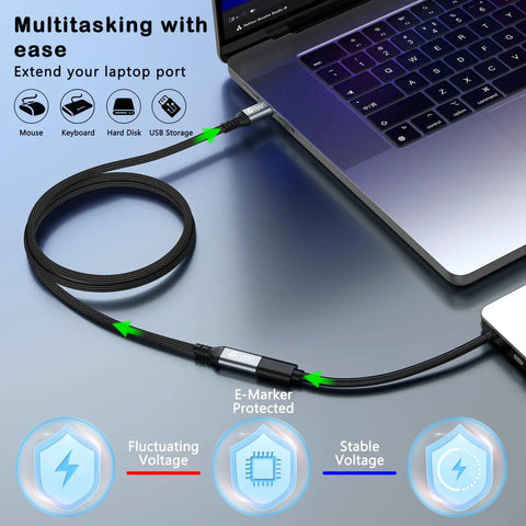 USB C Extension Cable 5ft braided male to female extender connected to laptop for USB storage and charging
