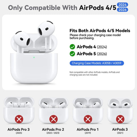 Crystal Clear Slim Protective Case For AirPods 4 And 5 Usb-C Versions 2024 Plus 2026 compatibility chart showing models.