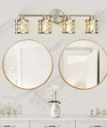 4 Light Bathroom Vanity Light In Brushed Nickel With Cylinder Crystal Shades Modern Wall Lights Over Mirror K9 Crystal Finishes