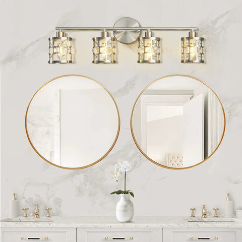 4 Light Bathroom Vanity Light In Brushed Nickel With Cylinder Crystal Shades Modern Wall Lights Over Mirror K9 Crystal Finishes
