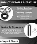 Top Shelf Washer Bearing Swap Kit With Oem Tub Seal And Heavy Duty Installation Tool Built For Whirlpool Cabrio Maytag Bravos showing steel bearings, rubber seal, nuts, and spacers.