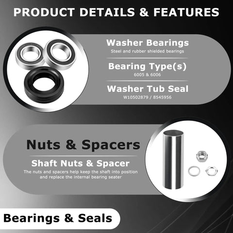 Top Shelf Washer Bearing Swap Kit With Oem Tub Seal And Heavy Duty Installation Tool Built For Whirlpool Cabrio Maytag Bravos showing steel bearings, rubber seal, nuts, and spacers.