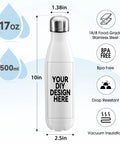 Custom Personalized 17 Oz Stainless Steel Water Bottle With Solid Double Wall Vacuum Insulation And Truly Leak Proof Construction, 10in tall.