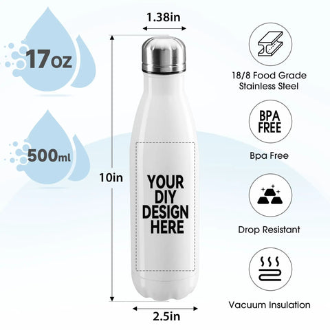 Custom Personalized 17 Oz Stainless Steel Water Bottle With Solid Double Wall Vacuum Insulation And Truly Leak Proof Construction, 10in tall.