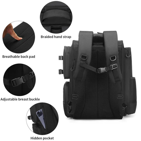 Back view of All Weather Fishing Backpack with braided hand strap, breathable back pad, adjustable breast buckle, and hidden pocket.